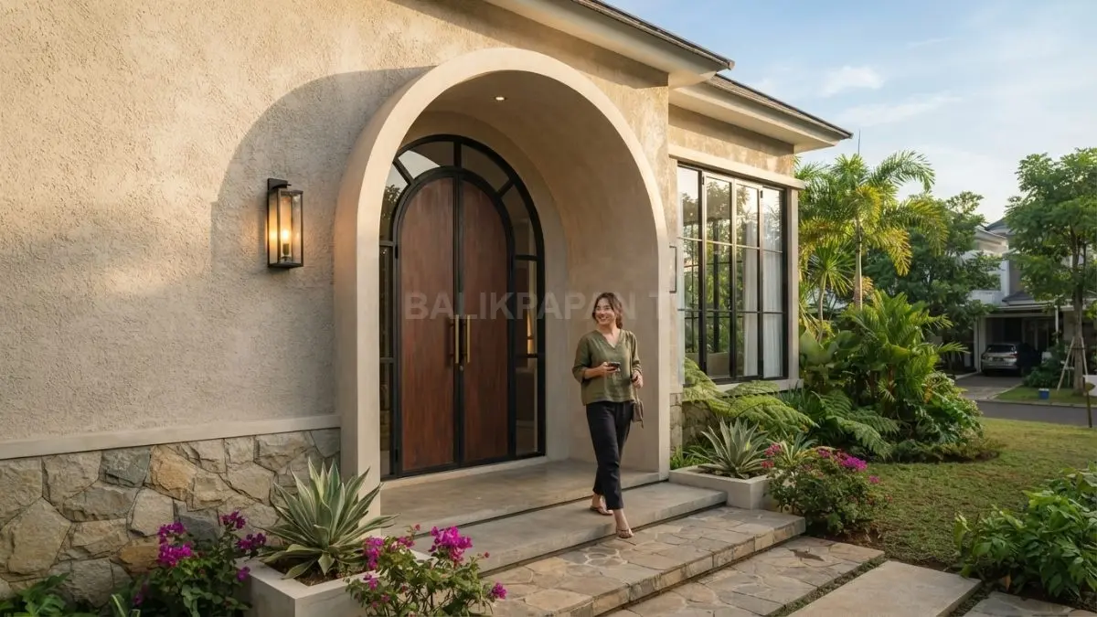 Lengkungan pada pintu utama bisa menjadi aksen elegan yang memperkuat karakter rumah Italia tanpa membuat fasad terlihat berlebihan. (BTV/AI)
