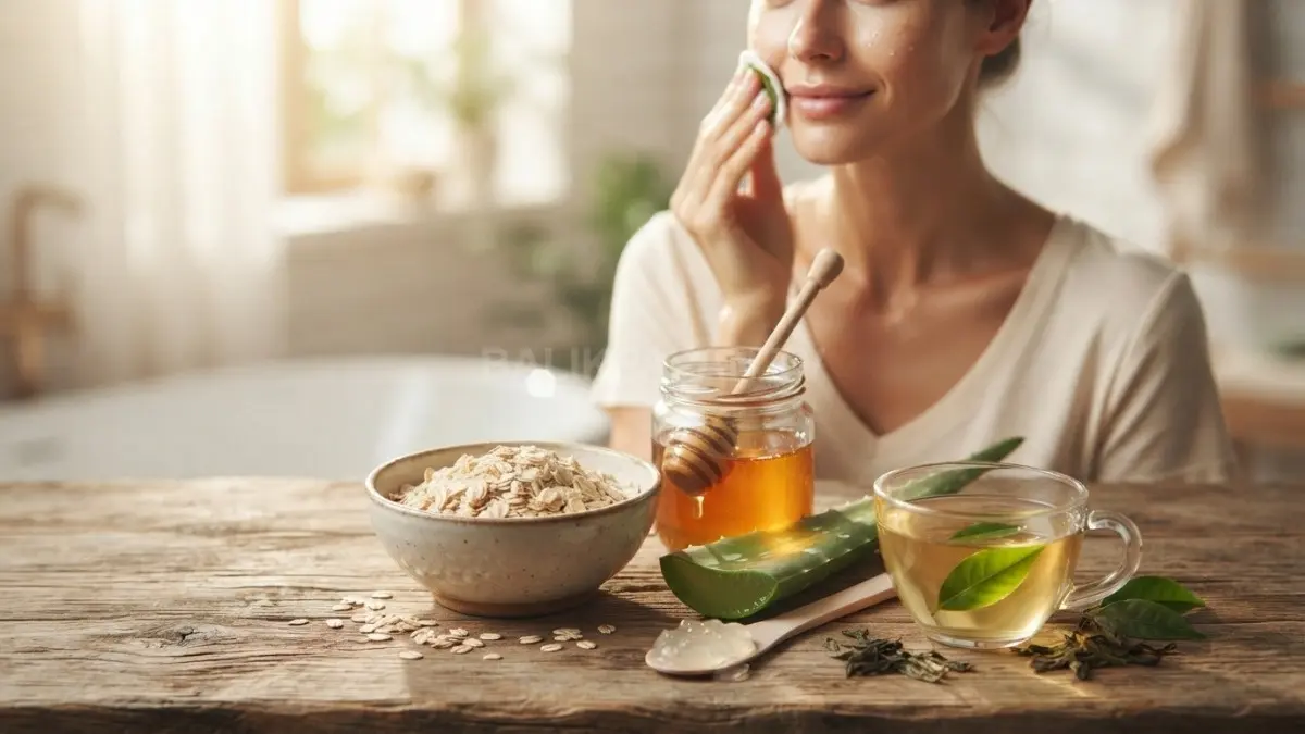 Oatmeal, lidah buaya, teh hijau, dan madu menjadi bahan sederhana untuk membantu menjaga kelembapan kulit sehari-hari. (BTV/AI)