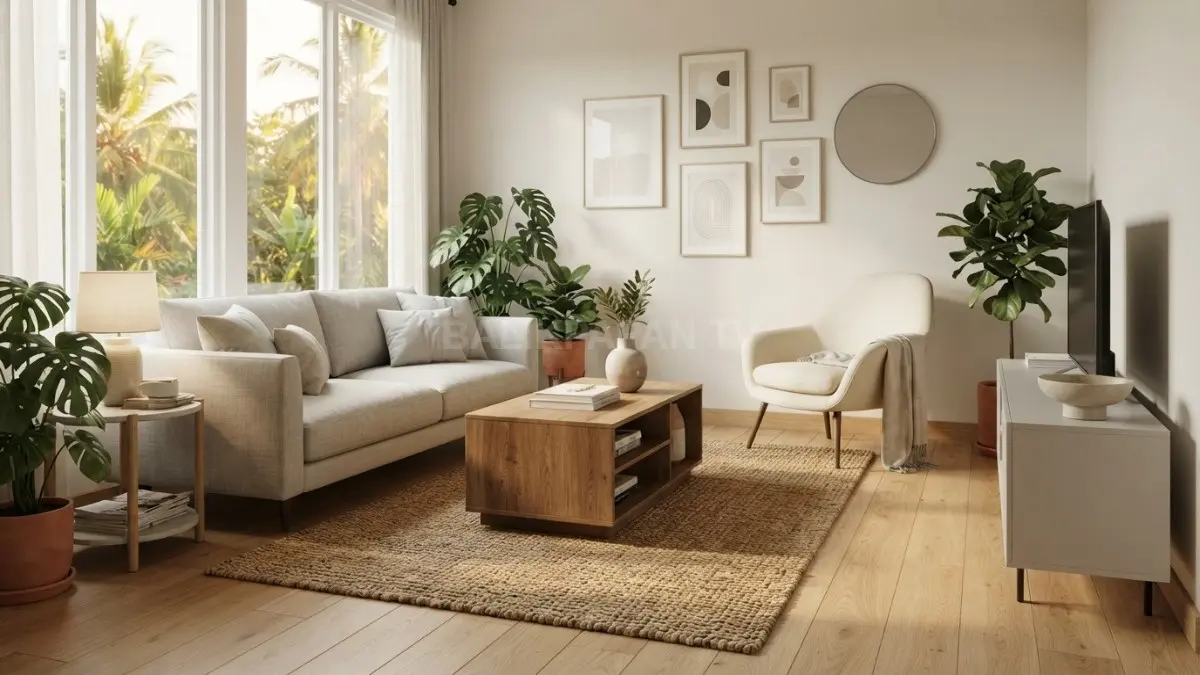 Penataan furnitur proporsional, ruang kosong, dan material selaras menghadirkan karakter editorial elegan pada rumah sehari-hari. (BTV/AI)