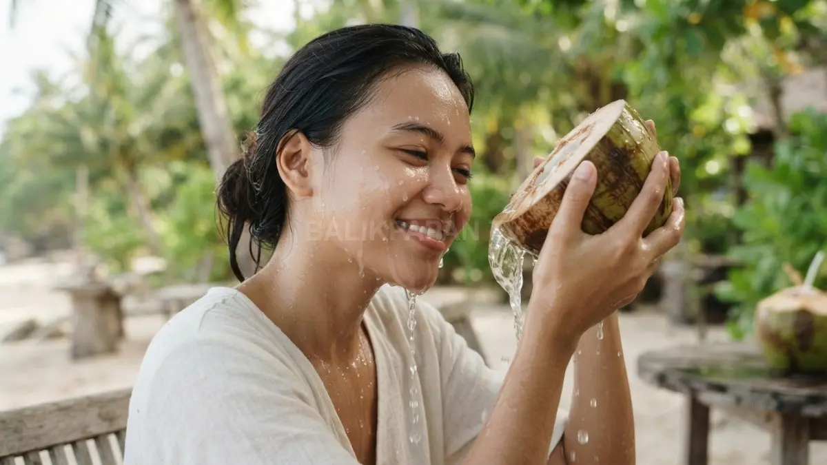 Penggunaan air kelapa muda segar untuk membilas wajah dapat membantu menjaga kesehatan kulit secara alami. (BTV/Ai)