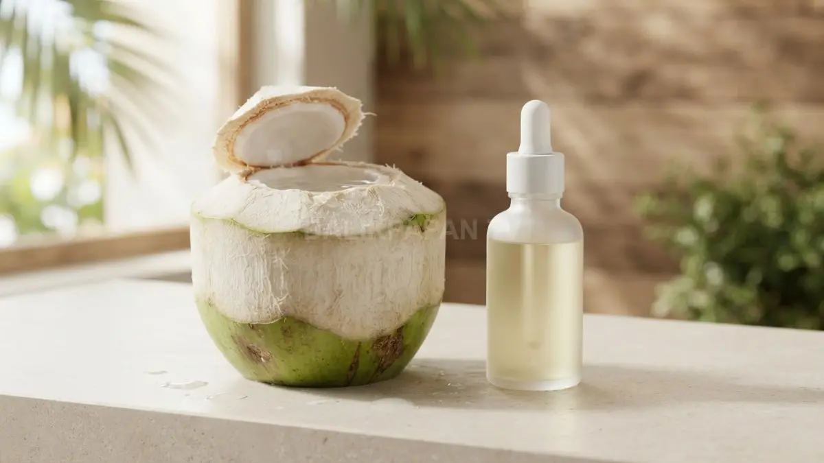 Perbandingan kelapa muda segar dan botol toner memperlihatkan konsep kecantikan alami serta modern yang elegan. (BTV/Ai)