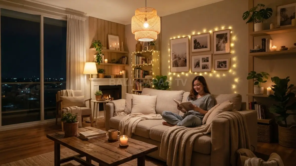 Ruang keluarga dengan lampu hangat, string light, kayu, dan dekorasi lembut menghadirkan suasana nyaman seperti cahaya bintang. (BTV/AI)