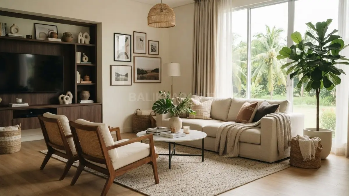 Ruang keluarga elegan memadukan warna netral, furnitur proporsional, cahaya alami, tanaman, dan dekorasi bertekstur harmonis. (BTV/AI)