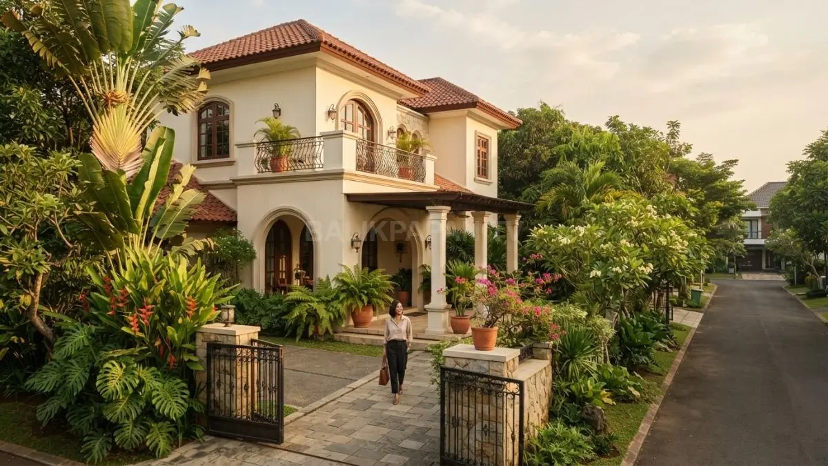 Rumah bergaya Italia menghadirkan fasad krem, lengkungan, teras teduh, tanaman tropis, aksen terakota yang elegan (BTV/AI)
