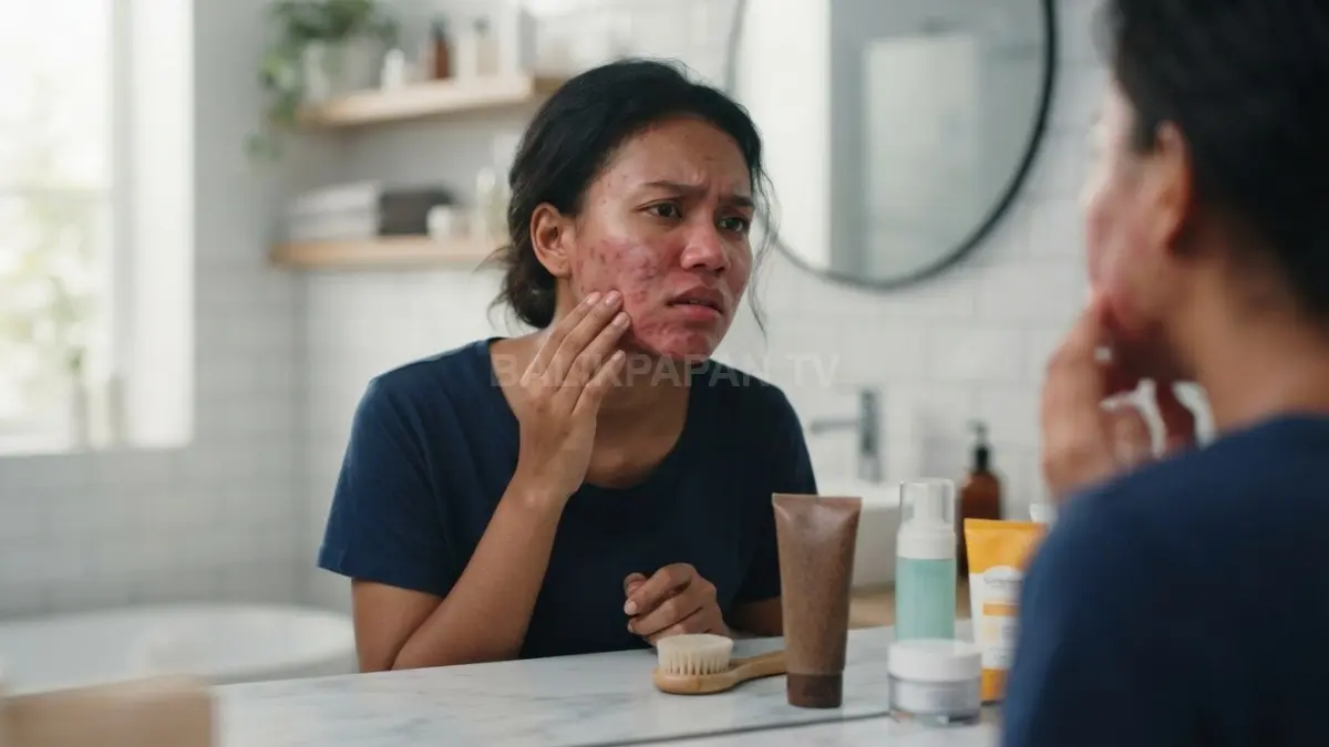 Scrub kasar dapat mengiritasi kulit berjerawat, sehingga perawatan lembut lebih dianjurkan untuk menjaga kondisi kulit tetap sehat. (BTV/AI)