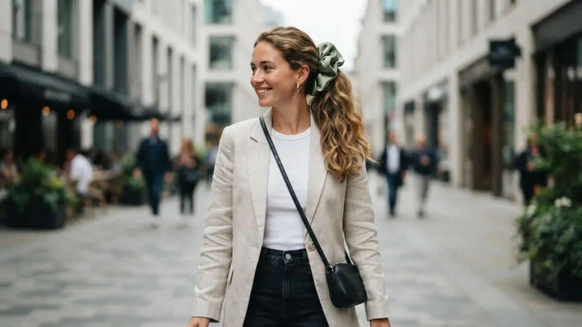 Scrunchie kini hadir dengan ukuran besar dan tekstur unik yang mempercantik gaya rambut serta outfit sederhana. (BTV/AI)
