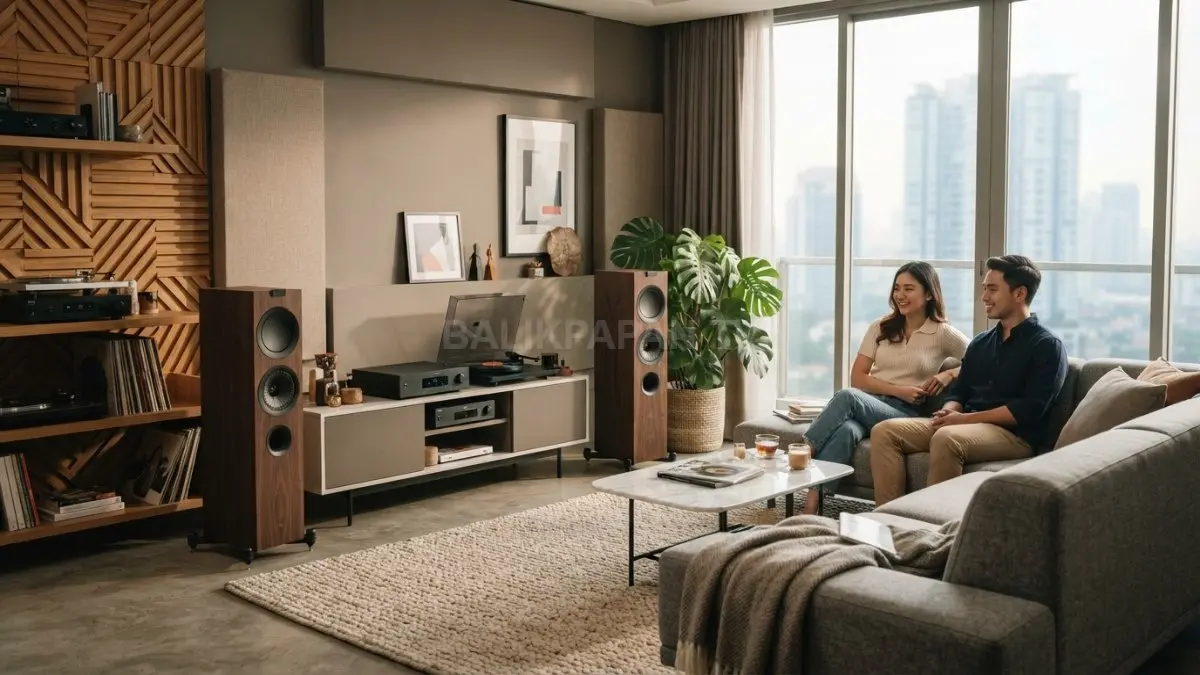Speaker di ruang keluarga dengan furnitur, karpet, dan dinding sebagai elemen akustik ruangan (BTV/AI).
