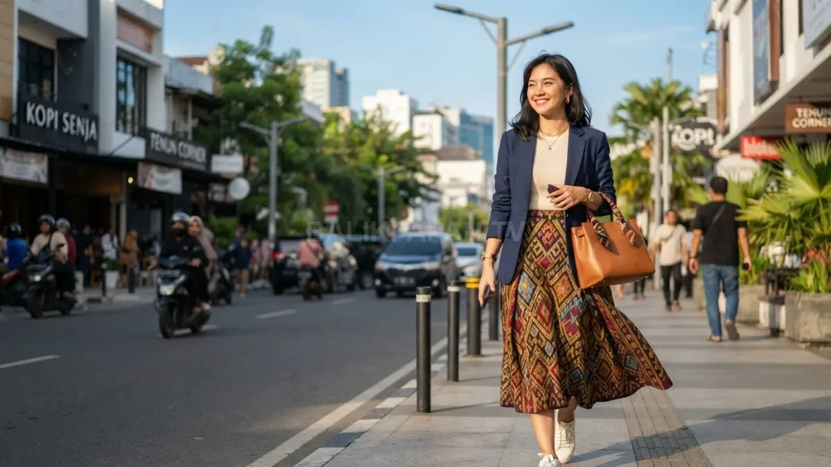 Tenun Samarinda menghadirkan identitas lokal melalui outfit modern yang simpel, elegan, dan tetap berkarakter (BTV/AI)
