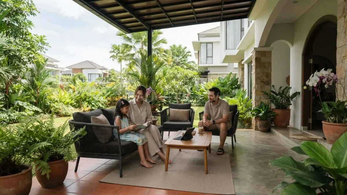 Teras teduh membuat rumah bergaya Italia terasa sejuk, nyaman, dan adaptif terhadap iklim tropis Indonesia (BTV/AI)
