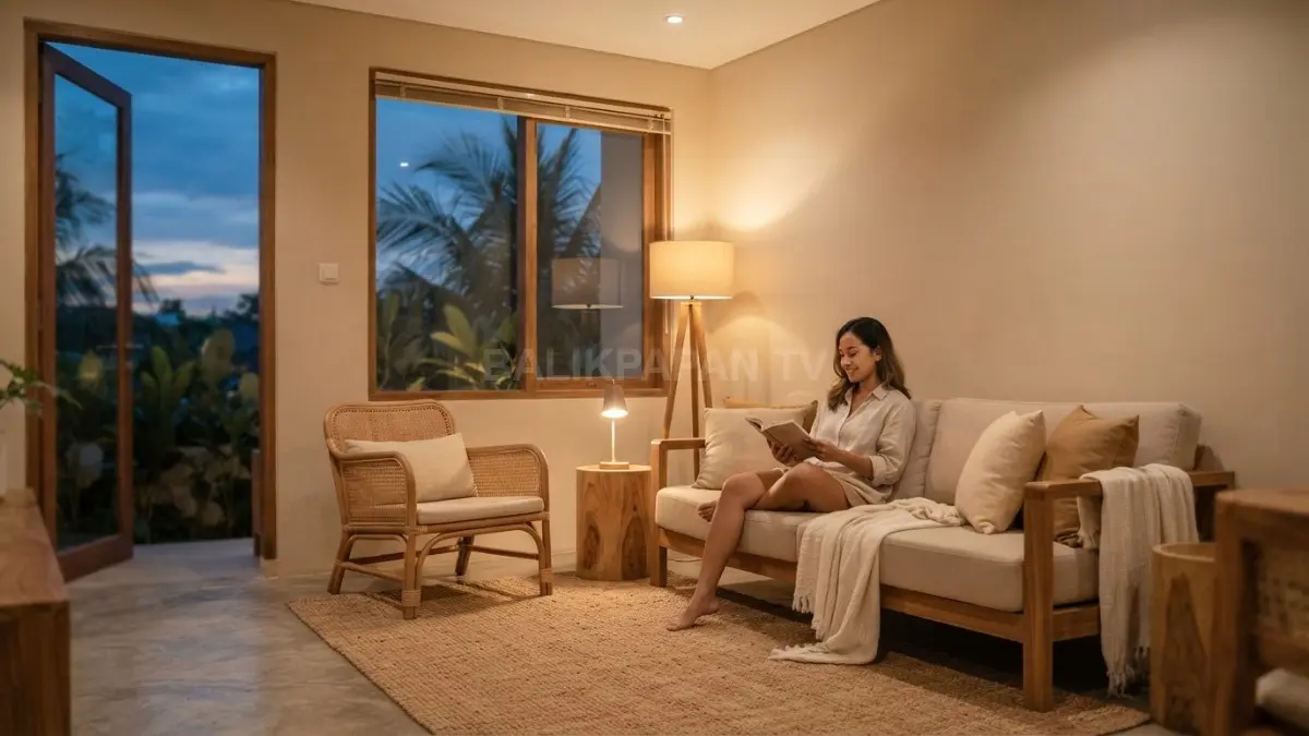Warna lembut dan material alami membantu cahaya menyebar, menciptakan ruang hangat, nyaman, serta bercahaya di rumah tropis. (BTV/AI)