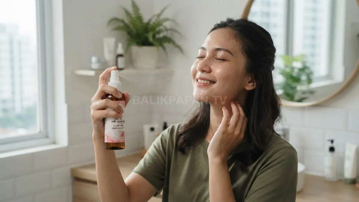 Air mawar dalam botol spray membantu menyegarkan wajah sebagai bagian praktis rutinitas skincare harian. (BTV/AI)
