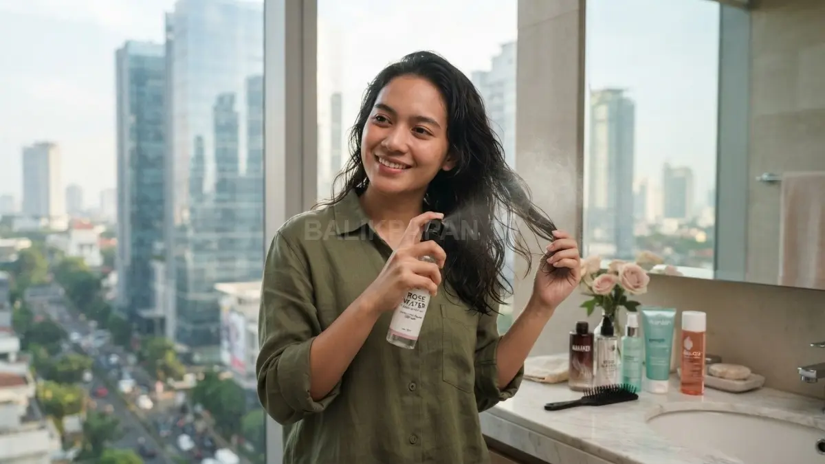 Air mawar dapat menjadi hair mist praktis untuk menyegarkan rambut setelah aktivitas tanpa membuatnya terlalu basah (BTV/AI)
