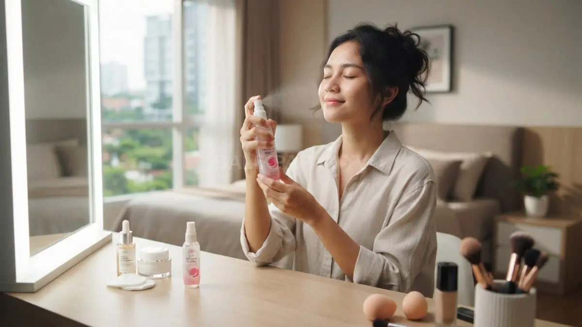 Air mawar menyegarkan kulit sebelum makeup, melengkapi skincare dasar agar riasan terasa nyaman dan siap digunakan. (BTV/AI)
