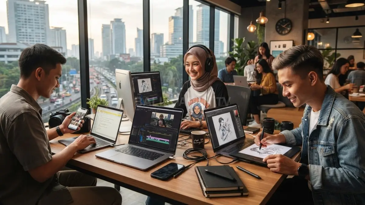 Anak muda mengembangkan hobi digital kreatif melalui laptop, smartphone, desain, editing, fotografi, ilustrasi, menulis (BTV/AI).
