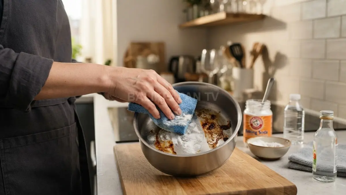 Baking soda membantu melonggarkan bekas makanan membandel pada peralatan dapur dengan cara sederhana dan lembut. (BTV/AI)