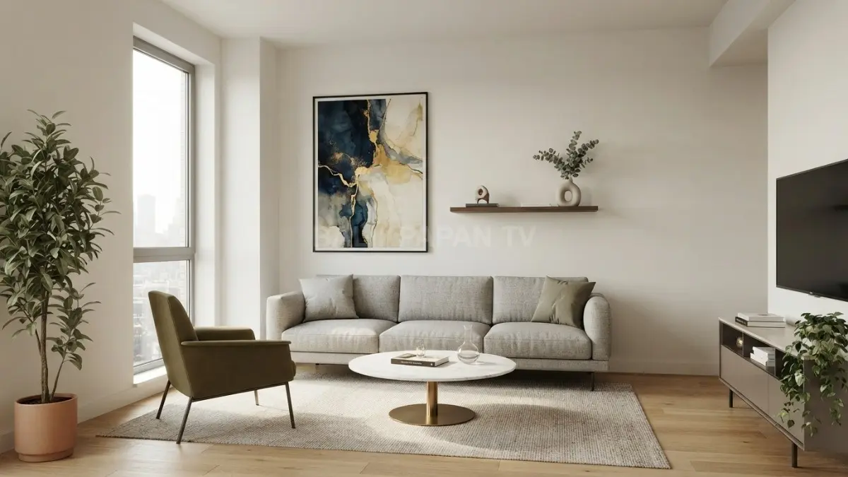Dinding belakang sofa dimanfaatkan sebagai dekorasi vertikal dengan lukisan besar dan rak minimalis, menciptakan ruang elegan. (BTV/AI)