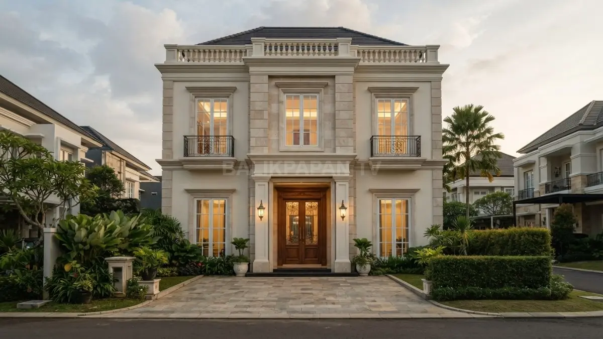 Fasad rumah selebar tujuh meter tampil mewah melalui simetri, proporsi elegan, dan detail klasik Eropa yang harmonis. (BTV/AI)