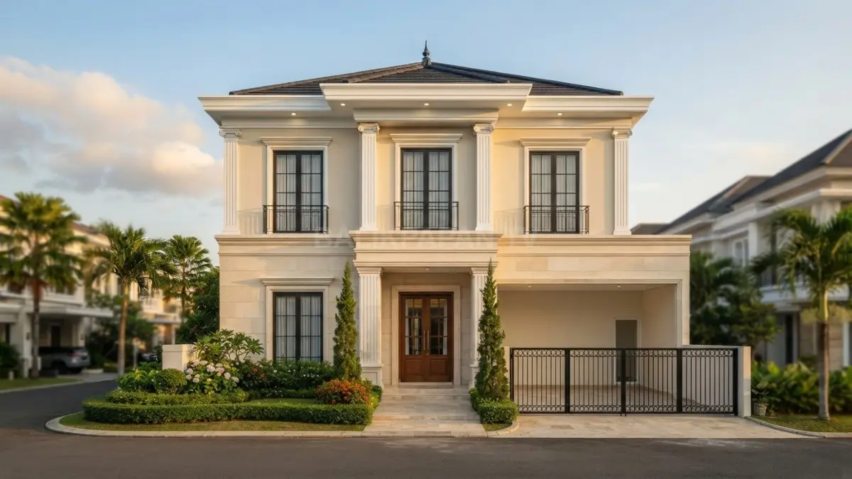 Fasad rumah tujuh meter bergaya Eropa menampilkan kolom dan pilaster proporsional, elegan, serta tidak berlebihan. (BTV/AI)
