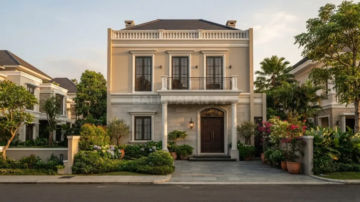 Fasad rumah tujuh meter tampil mewah dengan warna lembut, material bertekstur, dan detail klasik elegan. (BTV/AI)
