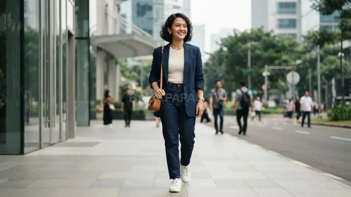 Garis vertikal pada outfit membantu menciptakan kesan visual memanjang melalui blazer terbuka dan celana lurus. (BTV/AI)