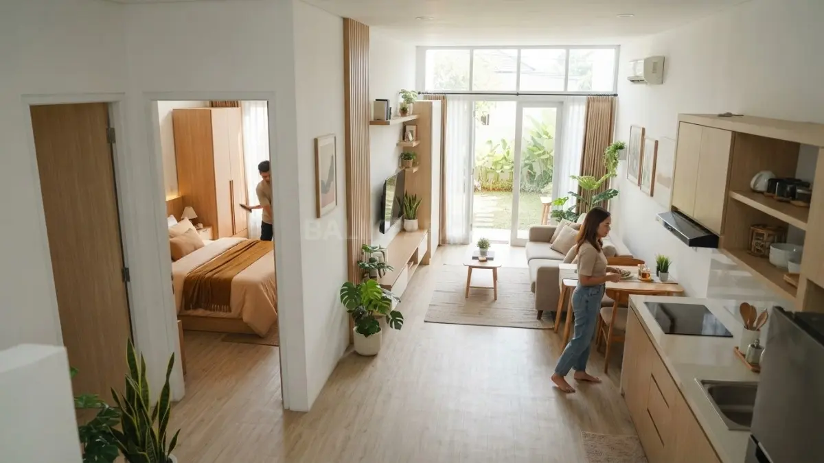 Hunian 5×15 meter dengan tiga kamar dirancang efisien melalui tata ruang proporsional dan penyimpanan vertikal. (BTV/AI)