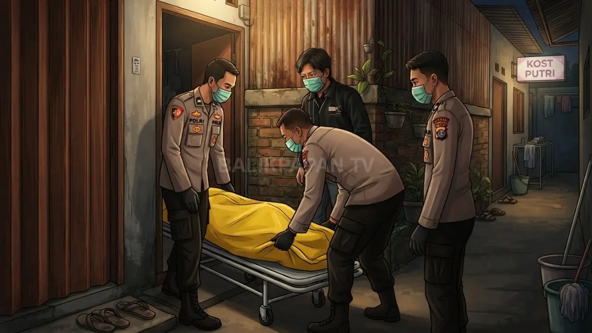 Ilustrasi Polisi mengevakuasi jenazah perempuan yang ditemukan meninggal di kamar indekos Jalan Yos Sudarso I, Sangatta Utara. (BTV/AI)