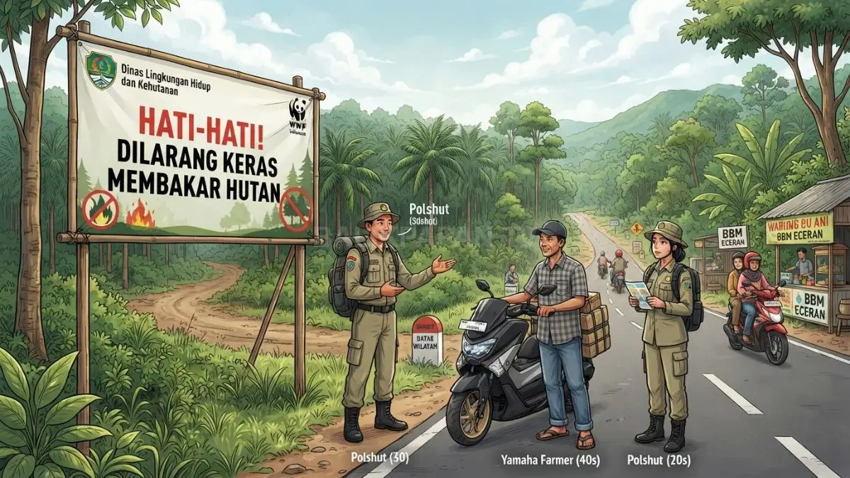 Ilustrasi spanduk pencegahan Karhutla mengingatkan masyarakat menghentikan pembakaran hutan dan lahan serta memahami konsekuensi hukumnya. (BTV/AI)