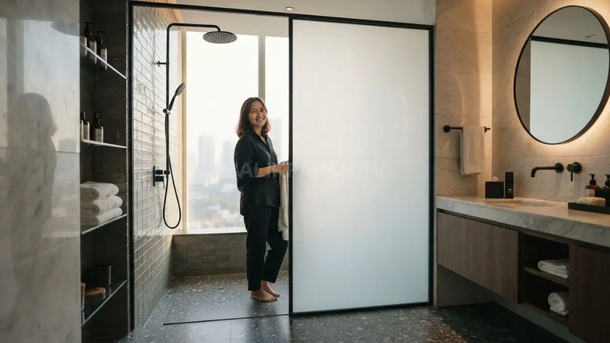 Kaca PDLC di kamar mandi dapat memberikan privasi modern dengan perubahan transparan dan buram sesuai kebutuhan (BTV/AI)
