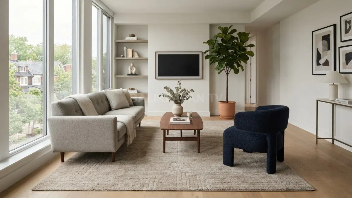 Karpet menyatukan sofa, meja, dan kursi menjadi satu zona duduk yang elegan dan teratur. (BTV/AI)
