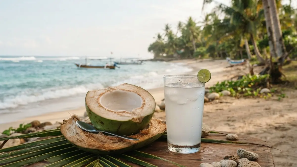 Kesegaran alami air kelapa muda siap melepas dahaga dan menghidrasi tubuh di kawasan pesisir tropis. (BTV/Ai)