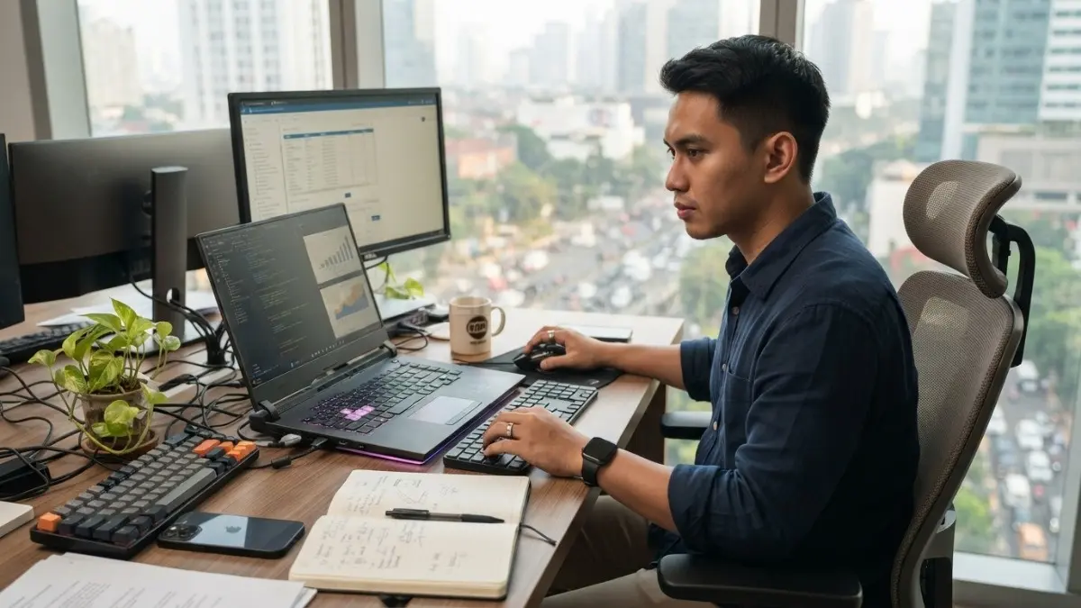 Laptop gaming untuk produktivitas kerja harian modern nyaman fleksibel praktis powerful (BTV/AI).
