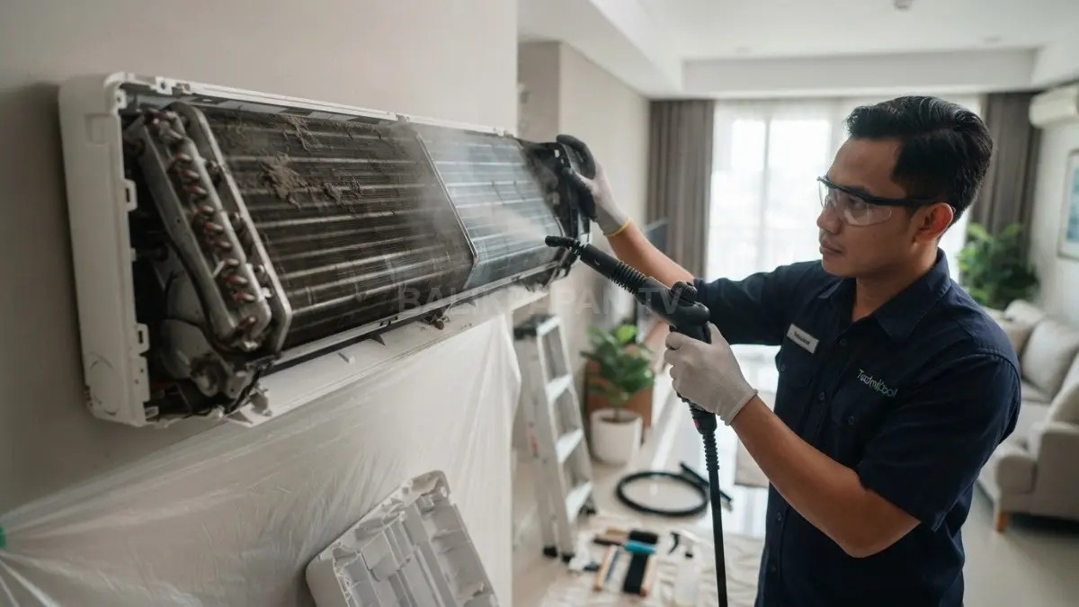 Membersihkan evaporator secara rutin membantu menjaga aliran udara dan kinerja pendinginan AC tetap optimal di rumah. (BTV/AI)
