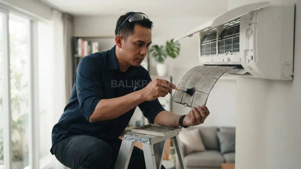 Membersihkan filter AC rutin membantu menjaga aliran udara tetap lancar dan performa pendinginan optimal (BTV/AI)
