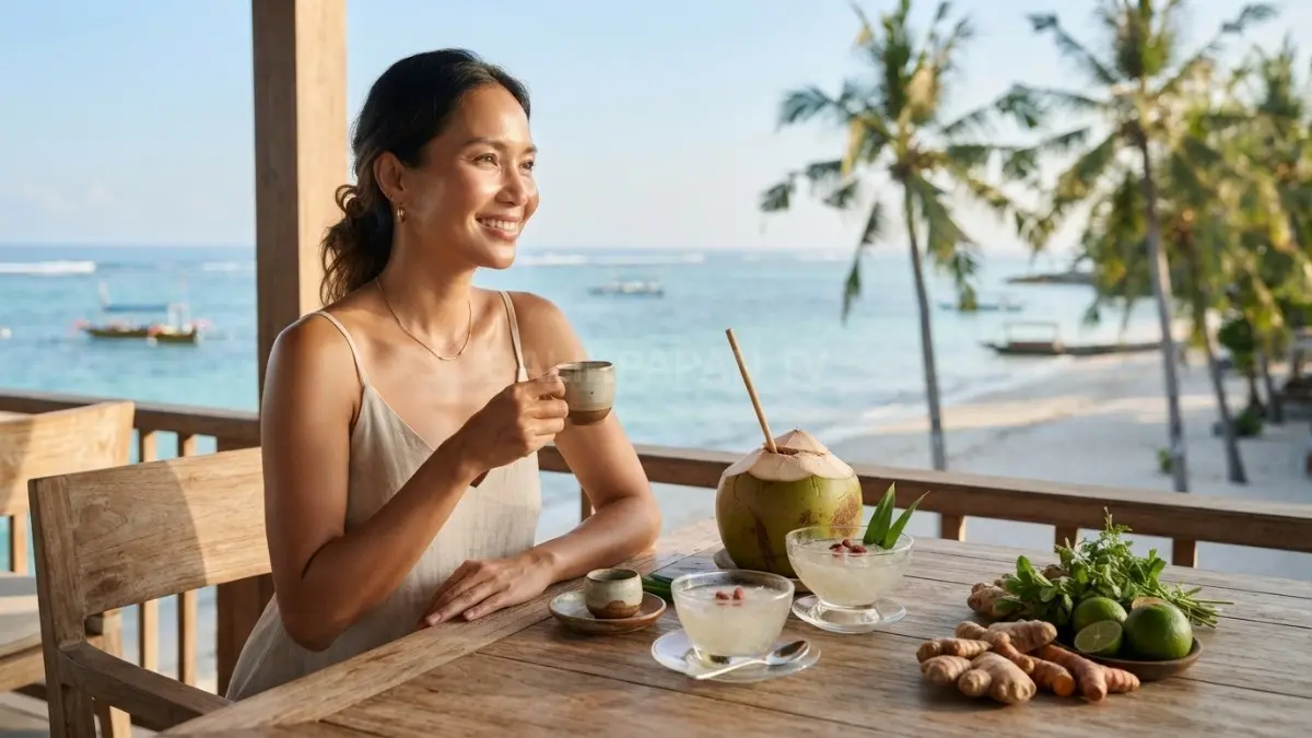 Minuman herbal jamu dan sarang burung walet menyegarkan tubuh di suasana pantai yang tenang. (BTV/Ai)