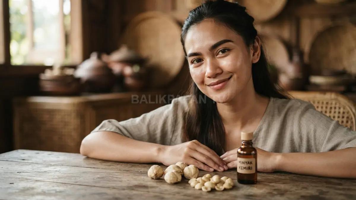 Minyak kemiri tradisional membantu merawat alis tebal alami untuk tampilan wajah segar dan sehat. (BTV/Ai)
