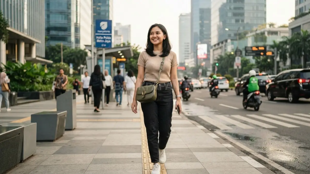 Perempuan mengenakan outfit kasual dengan tas proporsional, menciptakan tampilan harian modis, seimbang, dan nyaman (BTV/AI)
