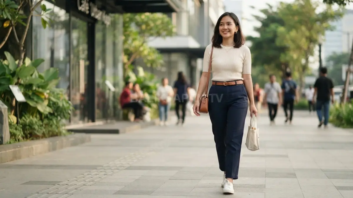 Perempuan tampil proporsional dengan high-waist, atasan sederhana, dan warna harmonis untuk menciptakan keseimbangan visual yang elegan. (BTV/AI)