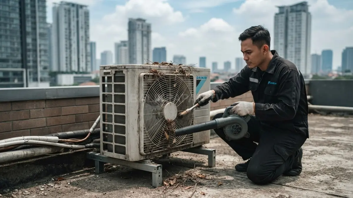 Periksa unit outdoor agar bebas debu, daun, dan benda penghalang sehingga sirkulasi udara tetap lancar (BTV/AI)

