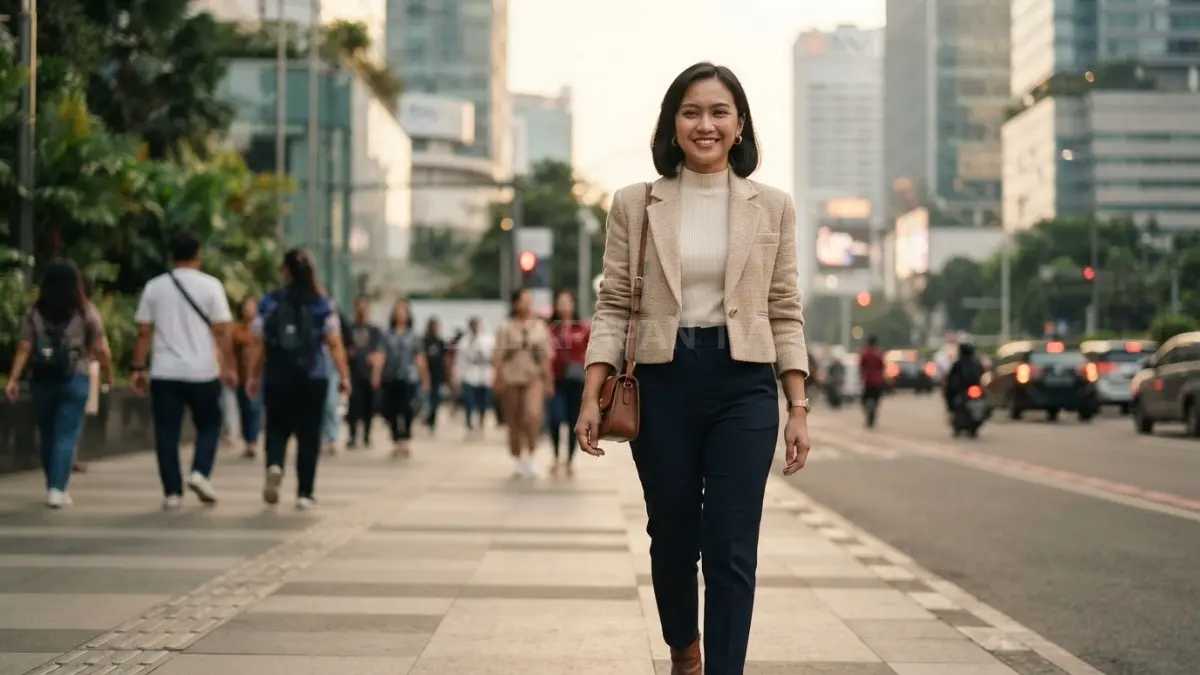 Potongan high-waist dan mid-rise membantu menciptakan proporsi outfit lebih seimbang melalui garis pinggang dan panjang pakaian. (BTV/AI)