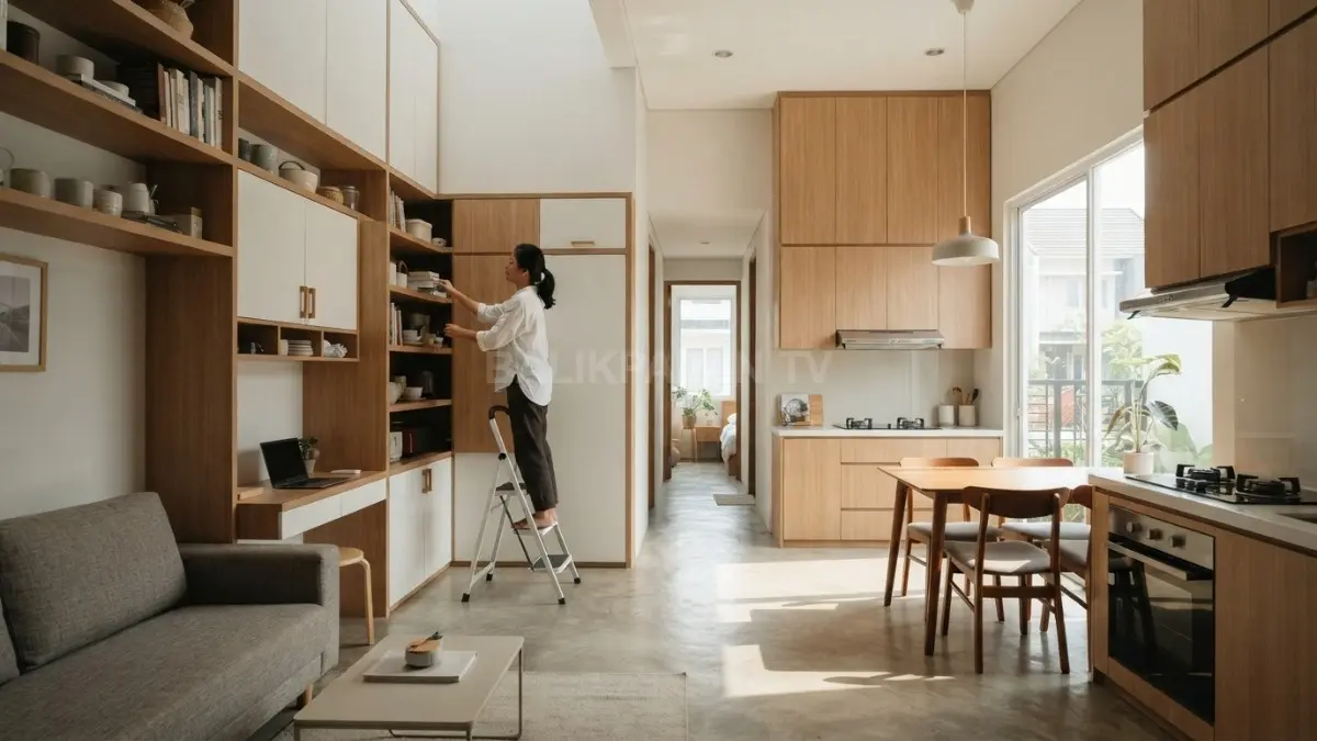 Rak tinggi dan kabinet vertikal memaksimalkan penyimpanan rumah 5×15 meter tanpa mengurangi kelapangan sirkulasi ruang. (BTV/AI)
