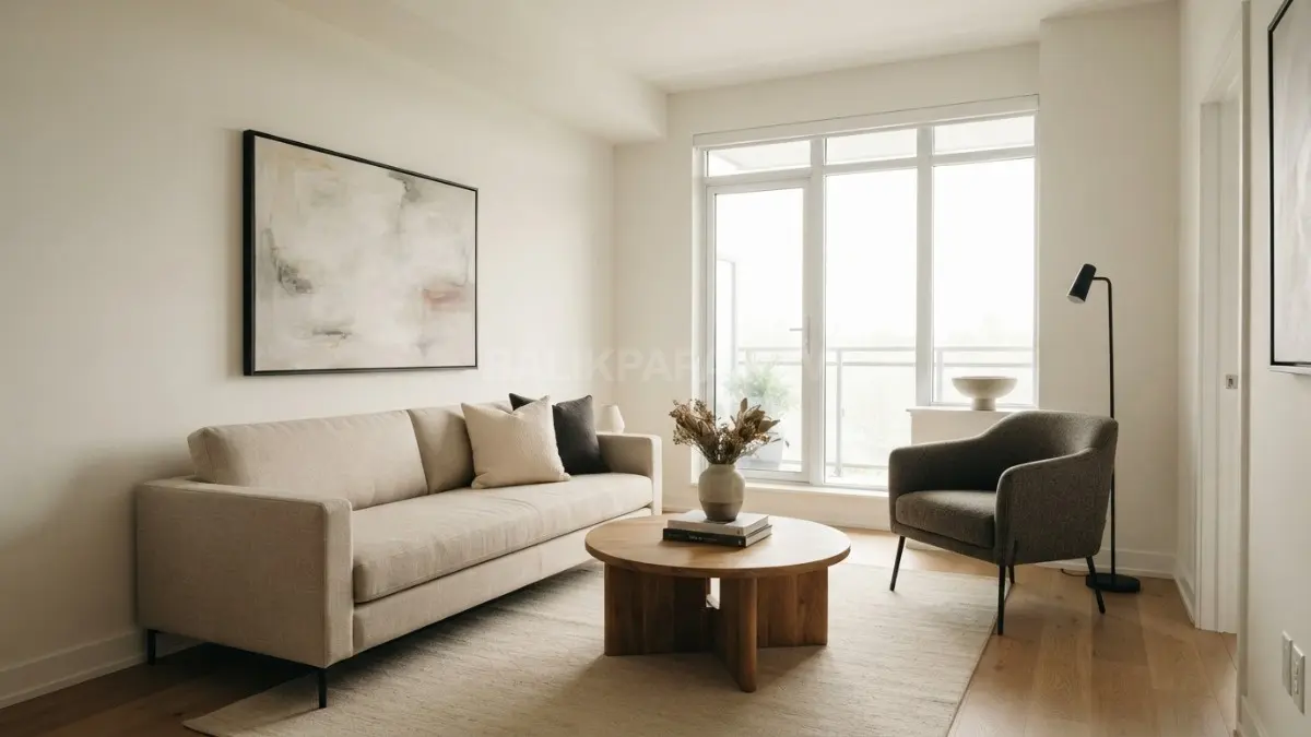 Ruang tamu 3,5 meter tampil elegan melalui palet warna tenang, furnitur proporsional, dan aksen dekoratif terpilih. (BTV/AI)