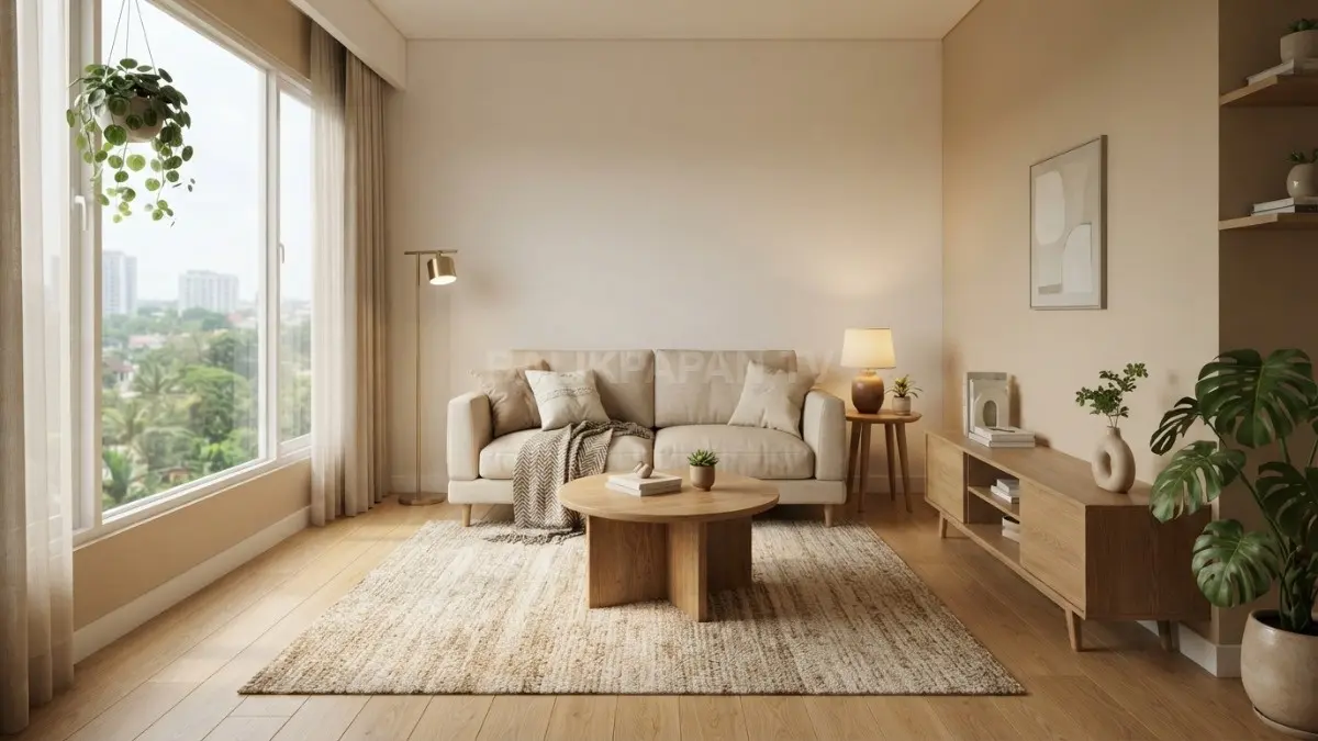 Ruang tamu 3,5 meter tampil lapang dengan sofa beige, furnitur proporsional, warna netral, dan dekorasi elegan. (BTV/AI)
