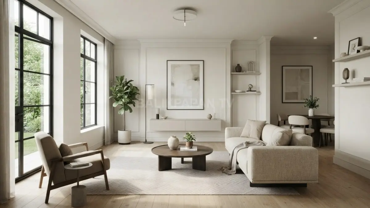Ruang tengah 4×6 meter tampil lapang dan elegan melalui sofa proporsional, warna terang, serta pencahayaan alami. (BTV/AI)