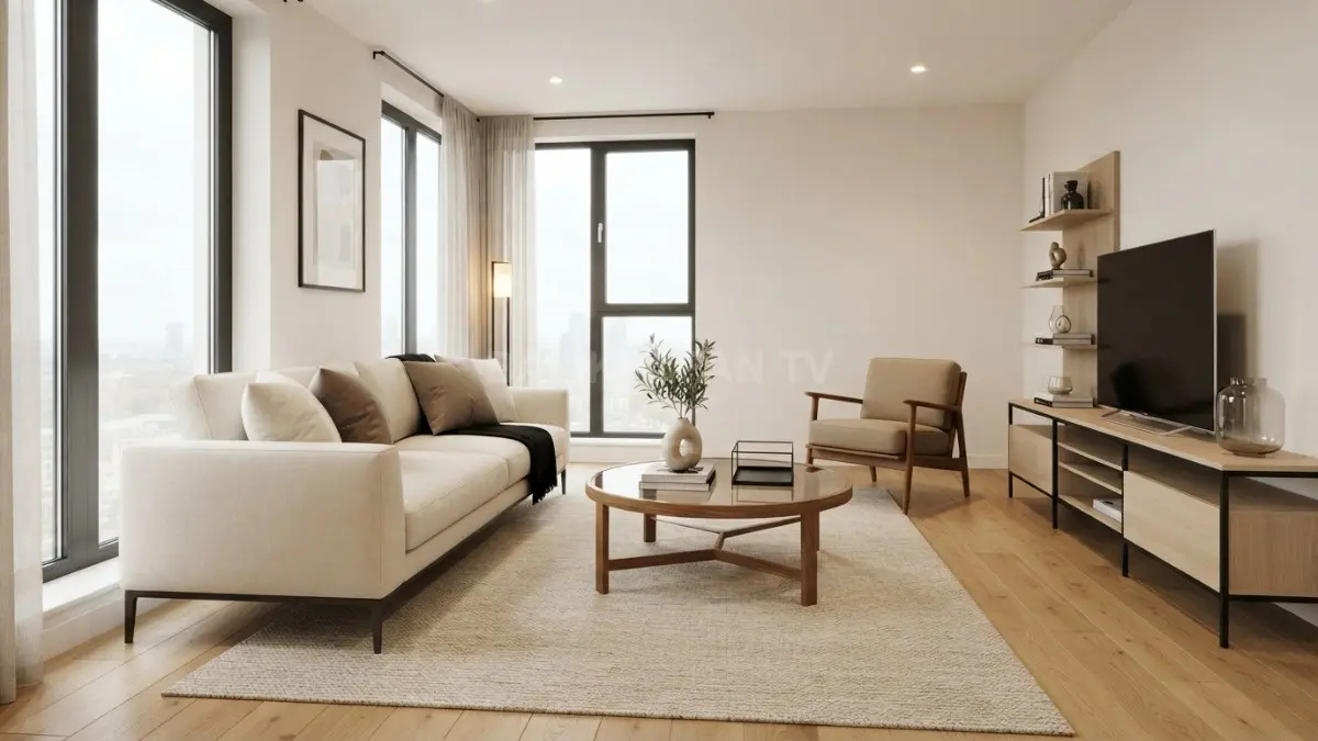 Ruang tengah 4×6 meter tampil lapang melalui warna terang, aksen elegan, dan proporsi furnitur seimbang. (BTV/AI)