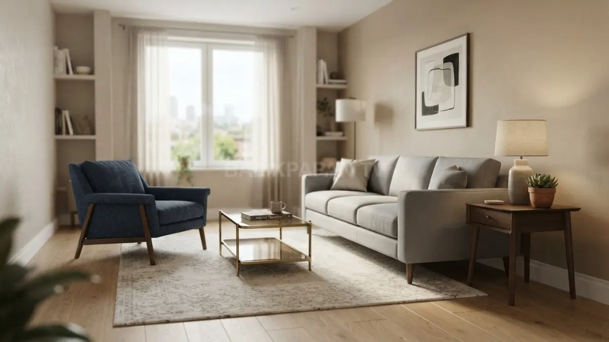 Ruang tengah 4×6 meter terasa lapang dengan sofa proporsional sebagai titik utama yang elegan. (BTV/AI)