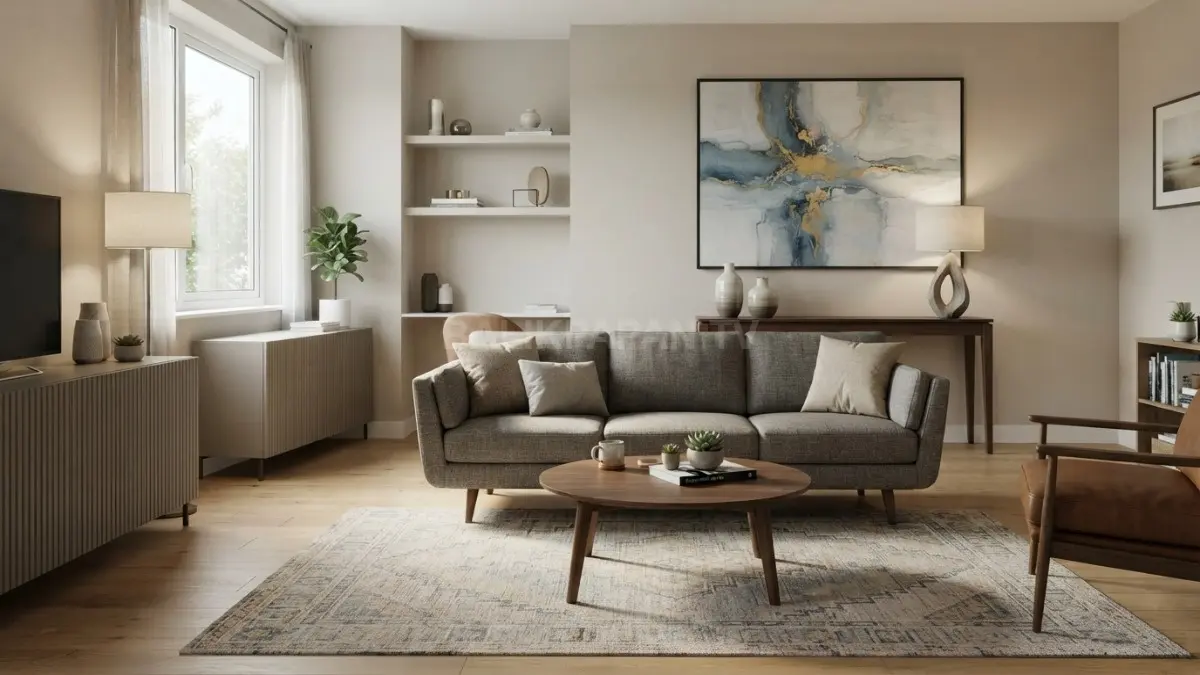 Ruang tengah 4×6 meter terasa lapang melalui dekorasi minimalis, furnitur proporsional, pencahayaan hangat, dan focal point elegan. (BTV/AI)