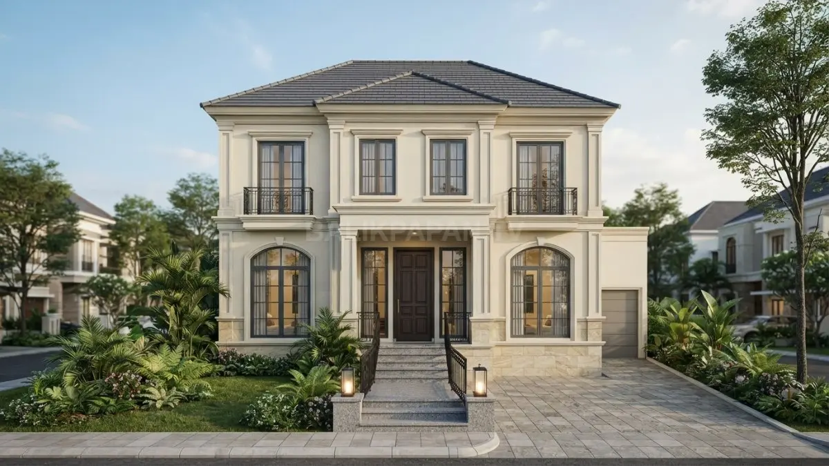 Rumah dua lantai bergaya Eropa menampilkan fasad simetris, pilaster, jendela tinggi, warna krem, serta detail klasik elegan. (BTV/AI)