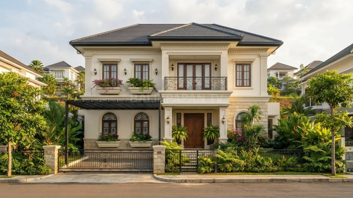 Rumah lebar 7 meter bergaya Eropa memadukan fasad simetris, material elegan, bukaan, dan detail tropis fungsional. (BTV/AI)