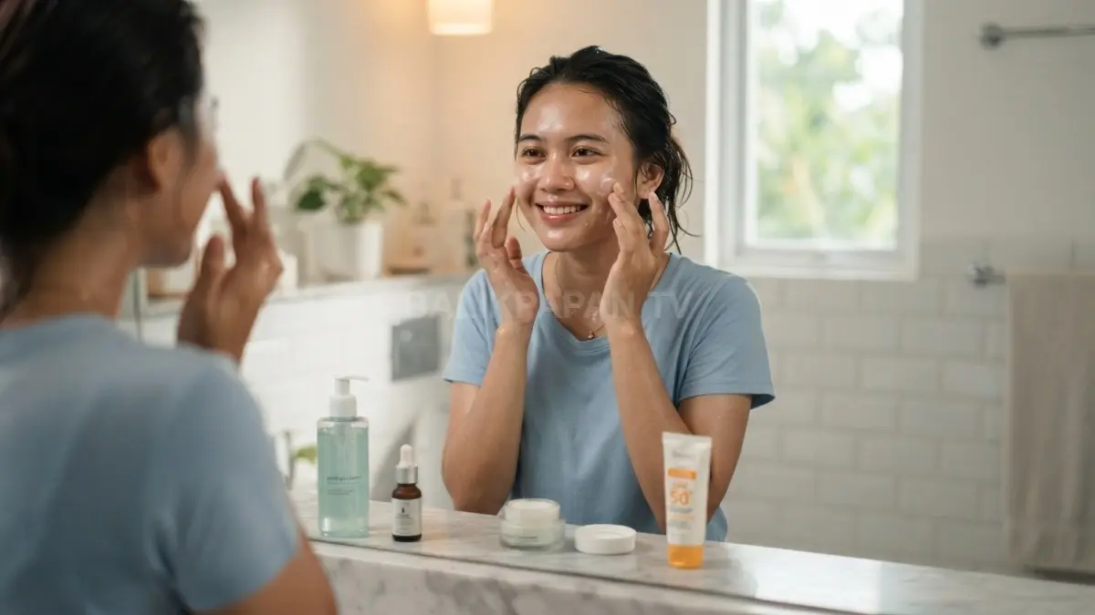 Rutinitas skincare pagi lima langkah membantu menjaga kulit berminyak tetap lembap, nyaman, dan terlindungi dari paparan sinar matahari. (BTV/AI)