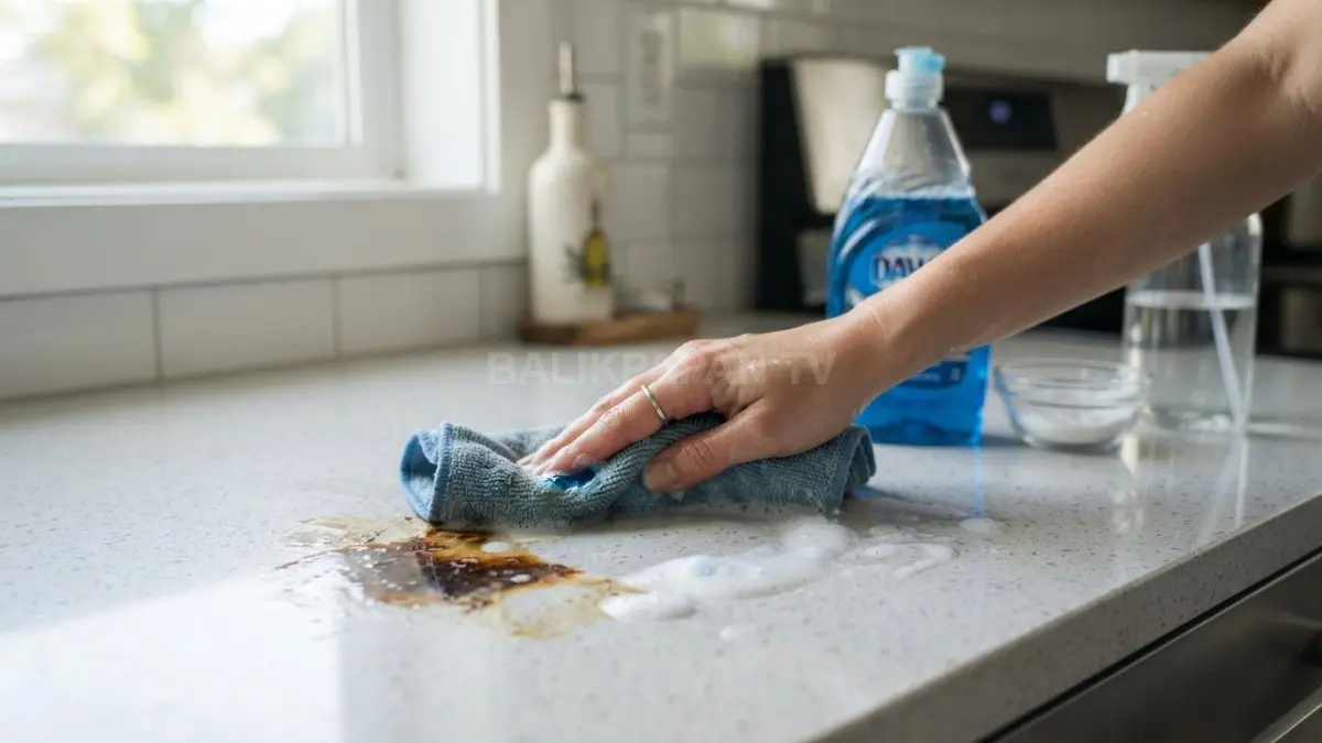 Sabun cuci piring membantu mengangkat noda minyak membandel dari permukaan rumah dengan cara praktis dan sederhana. (BTV/AI)